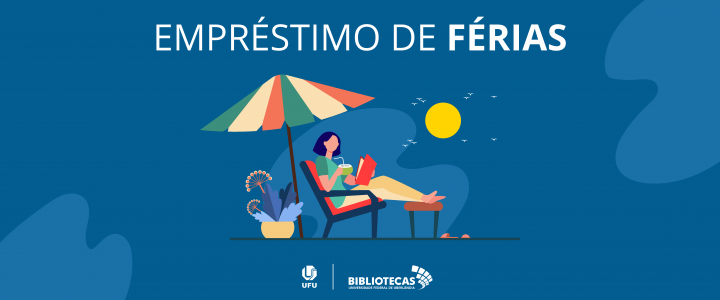 Fundo azul com a escrita "empréstimo de férias" e, abaixo, o desenho de uma mulher sentada em uma espreguiçadeira lendo um livro e tomando água de coco, embaixo de um sombreiro.